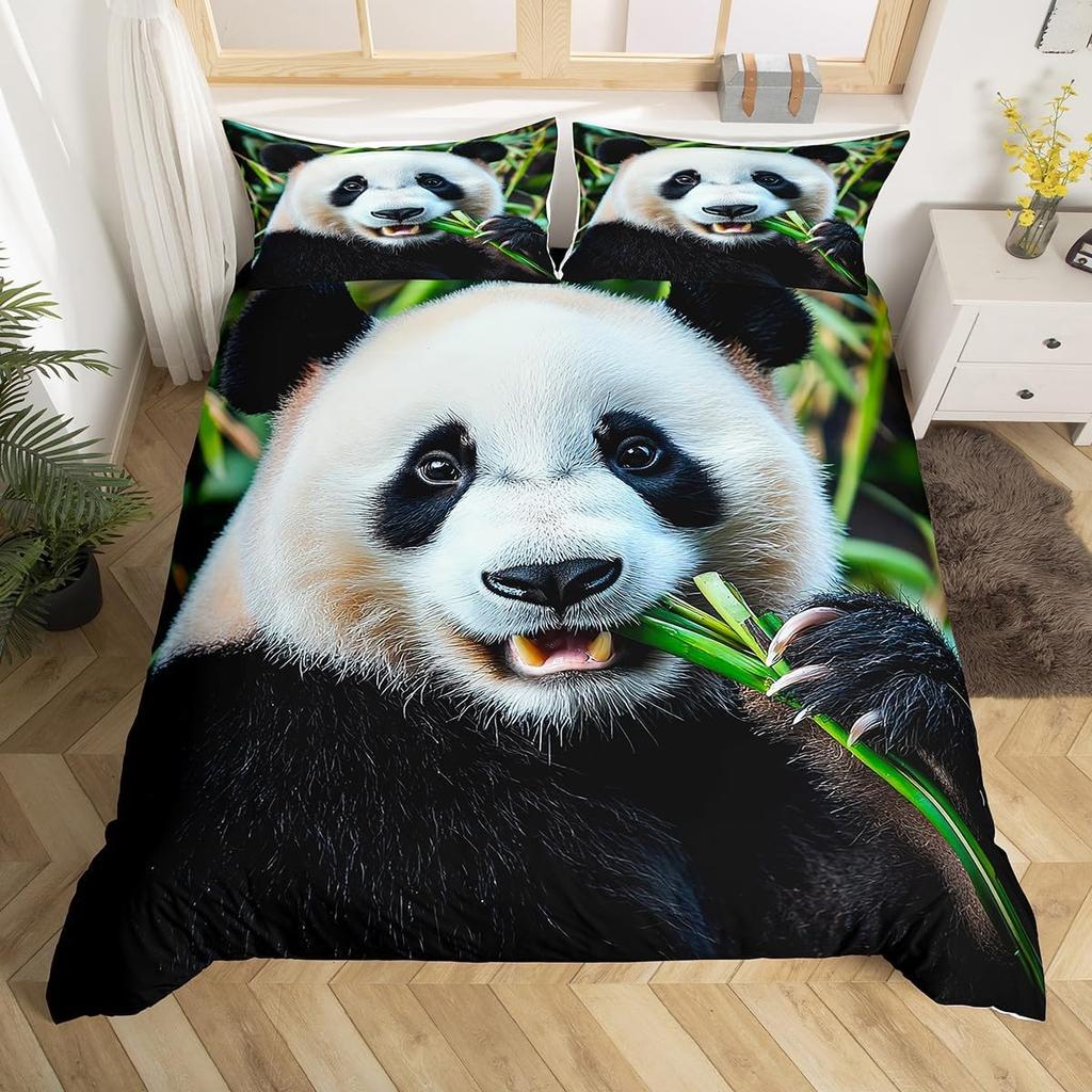 Cute Panda Duvet Cover Set Twin Queen Cartoon Wild Animal Bedding Set Minimalism Hand Drawn Comforter Cover Kawaii Room Decor