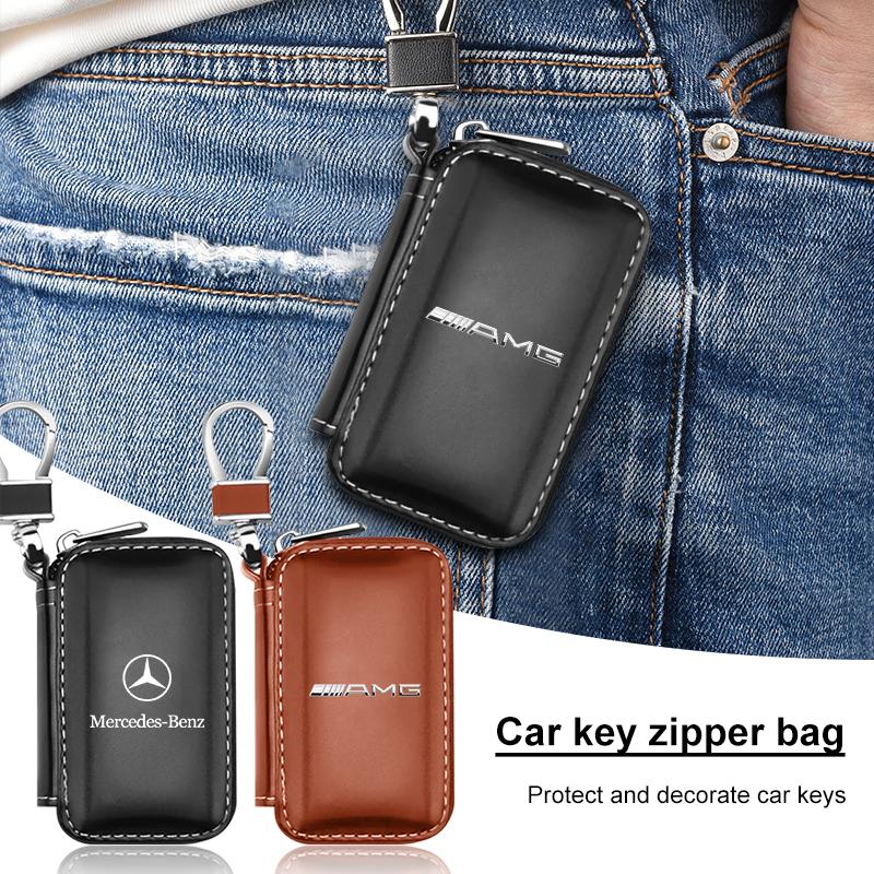 1ks Kožený Znak Pouzdro na Klíče od Auta Klíčenka Zipové Pouzdro Taška Pro Mercedes Benz AMG GLC GLA CLA GL A B C E S Třídy W176 W246 W205 X253 X156 C117