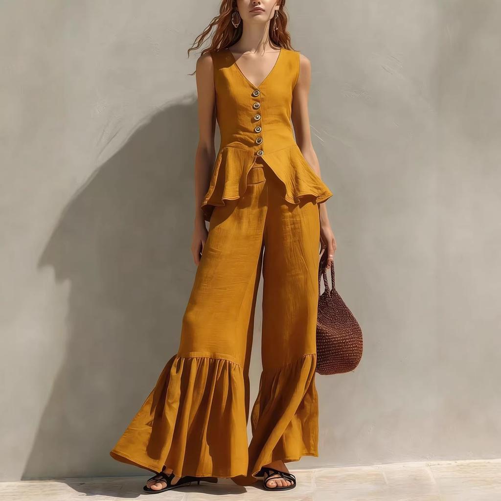 Women V Neck Sleeveless Top with Wide Leg Pants Ruffle Hem Tie Waist