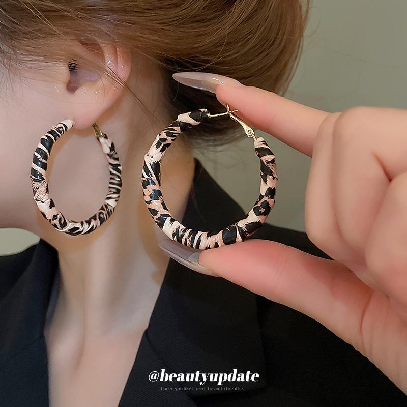 Silver Needle Leopard Print Faux Leather Earrings - Trendy Hong Kong Retro Style Hoops