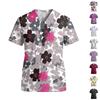 Women's V Neck Short Sleeve Work Top with Pockets Floral Print Lightweight Breathable Fabric Medical Uniform Shirt