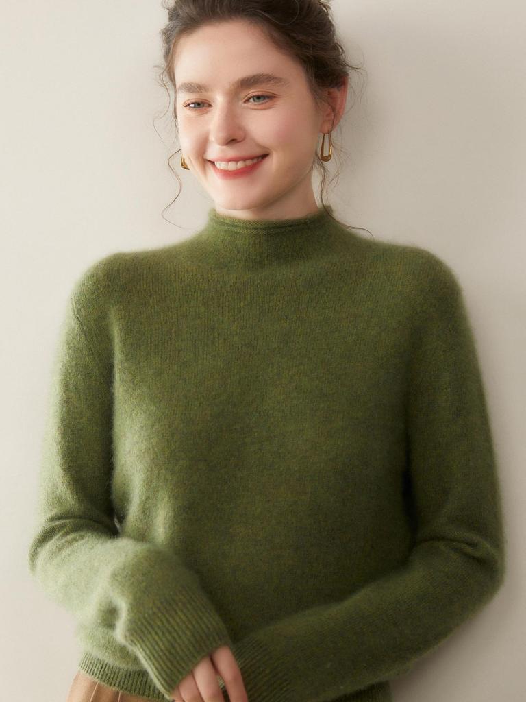 Women's Solid Color Cashmere Sweater: Floral Yarn, Half-High Neck, Rolled Hem Knit Base Layer Top.
