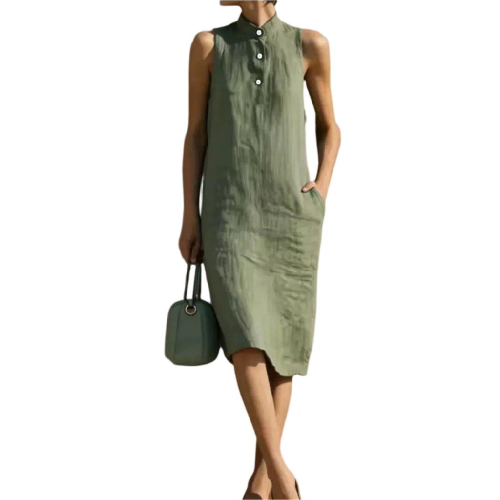 Sleeveless Loose Fit Summer Dress Midi Length Button Front Stand Collar Casual Lightweight Dress for Women