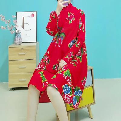 Rochie cu imprimeu retro în stil etnic pliat, toamnă și iarnă nouă, cu gât înalt, cu mâneci lungi, până la genunchi, fustă lejeră în formă de A
