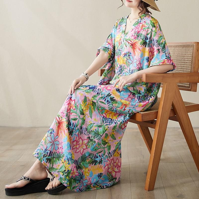 

DIMANAF женское 2024 плюс размер весна лето платье оверсайз стиль пляжное элегантное длинное платье с цветочным принтом оверсайз базовое свободное платье плюс размер 9036 One Size розовый