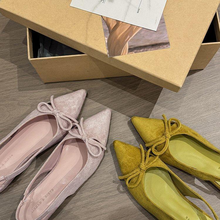 Soft leather version~ French bow fairy style with skirt sandals women's pointed toe wedge back strap gentle toe shoes