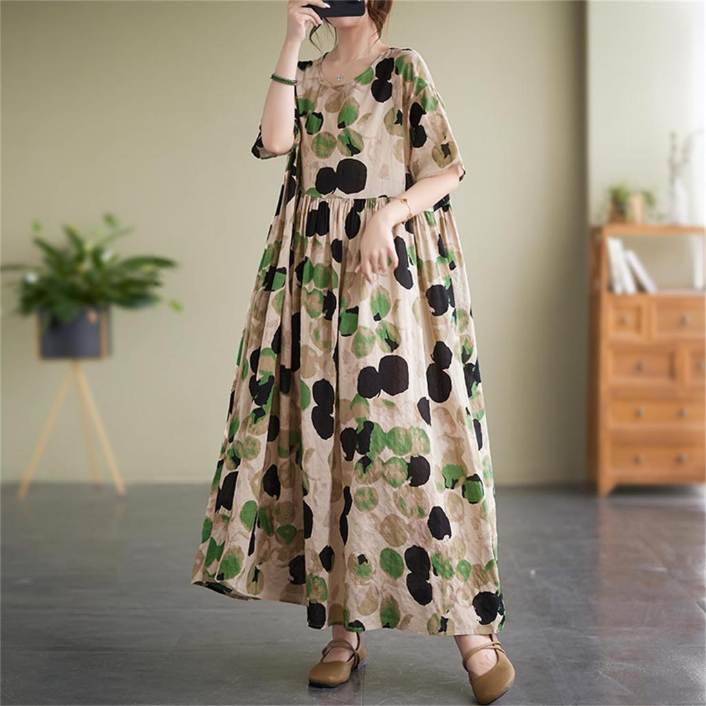 Summer Resort Mori Girl Long Plus Loose Bohemian Floral Perfect for Popular Free Floral Print [kisetsumate] Women's Dress, Cotton-Linen, Style, Dress,