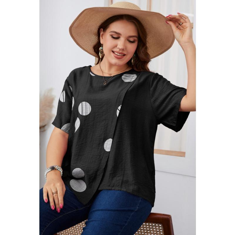 

Летняя женская футболка больших размеров с круглым вырезом, свободные топы с короткими рукавами в горошек 3XL чёрный