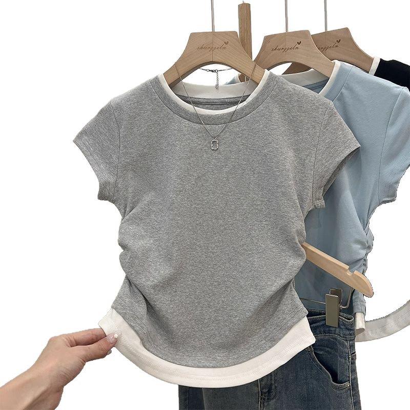 Gray Faux Two-Piece Spicy Girl Shoulder-Baring Ruched Tee - Women's Slim Fit Summer Chic Short Top