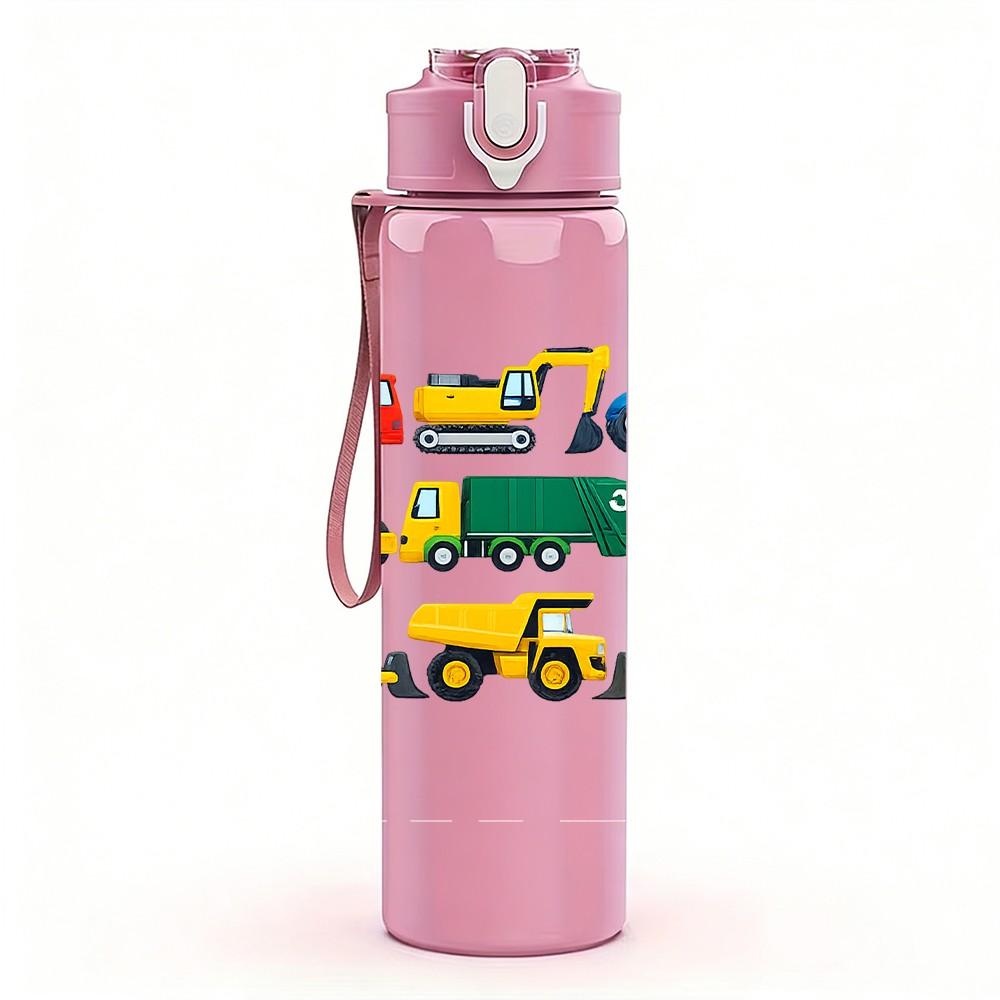 1PC Color Toy Truck Collection Print 750ml Color Plastic Sports Water Bottle Leakproof Flip Straw Lid Suitable for Sports Office Home Use