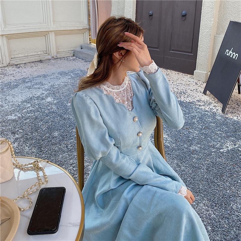 Vestido elegante sólido feminino inverno patchwork renda festa midi vestido feminino casual estilo francês doce kawaii vestido coreano feminino 2021