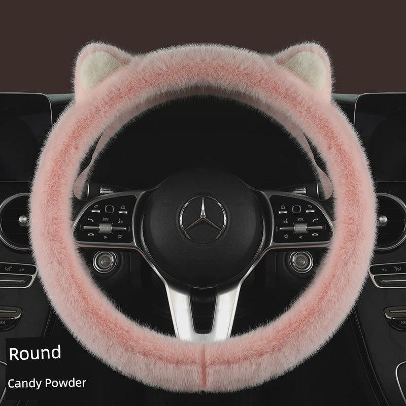 

Car Steering Wheel Cover, Universal for All Seasons, Cat Ears, Winter Plush, Cute Decoration, Popular Online, Women s Style, Non-Slip Handle Cover Rabbit Ears Candy Powder Round_38Cm