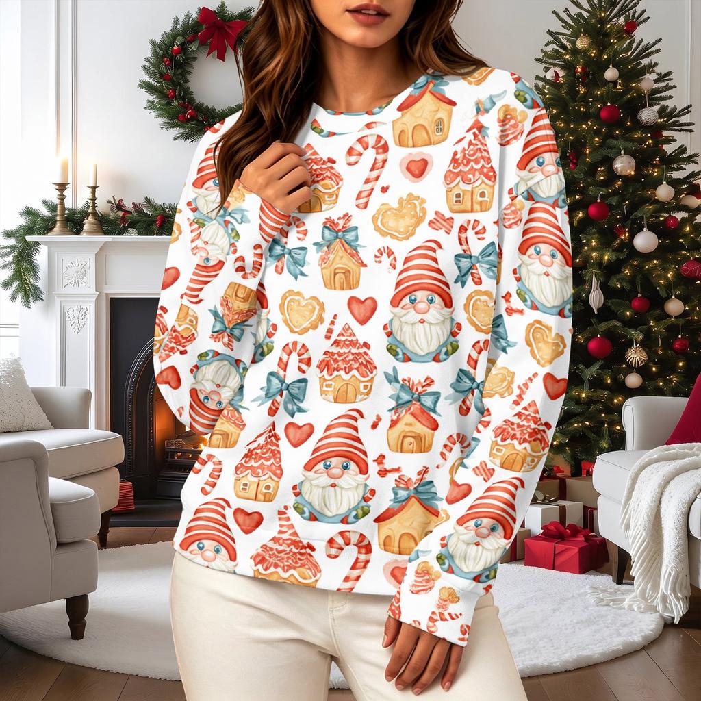 Women's Casual Long Sleeve Christmas Print Neck Pullover Sweatshirt Top
