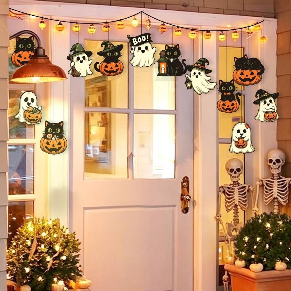 Cat Halloween Paper Hanging Ornament Black Cat Design Pumpkin Pendant Ghost Ornament Yard Decor