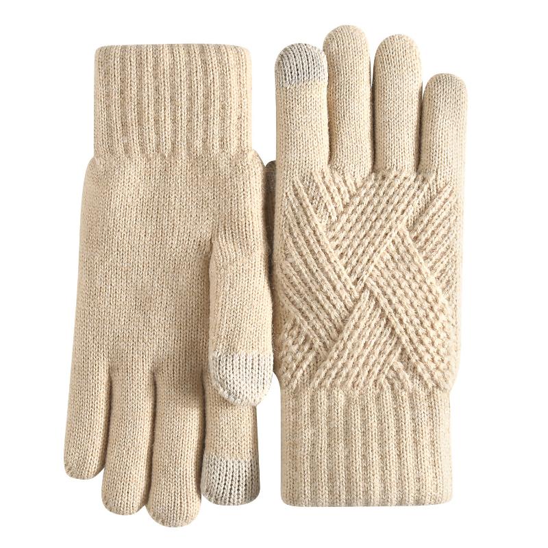 Knitted Gloves Men's and Women's Winter Double-layer Velvet Thickened Outdoor Cycling Warm Solid Color Touch Screen Gloves