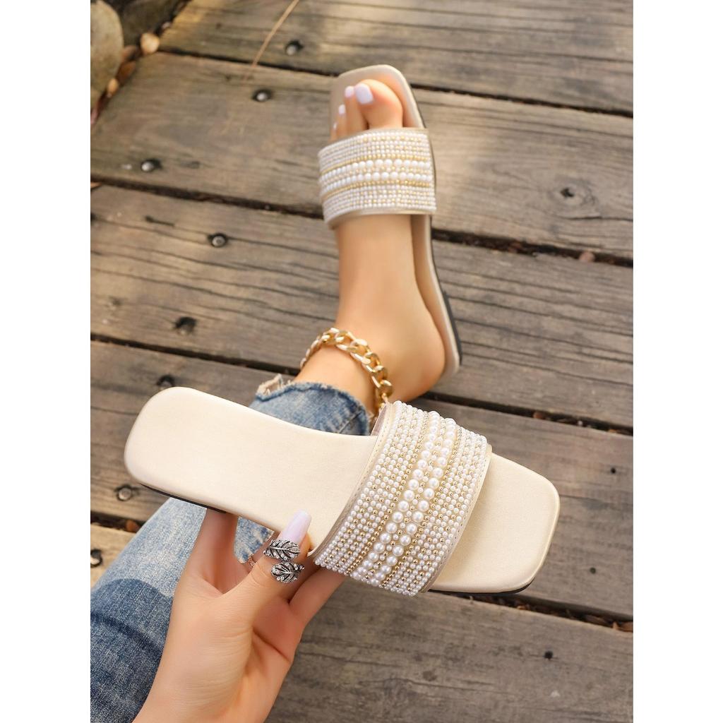 Ladies' Multi-layer Sparkling Diamond Toe Cover Sandals -Suitable for Casual, Party, Vacation, Fashionable Black Beach Shoes | Rubber Sole Single Shoe