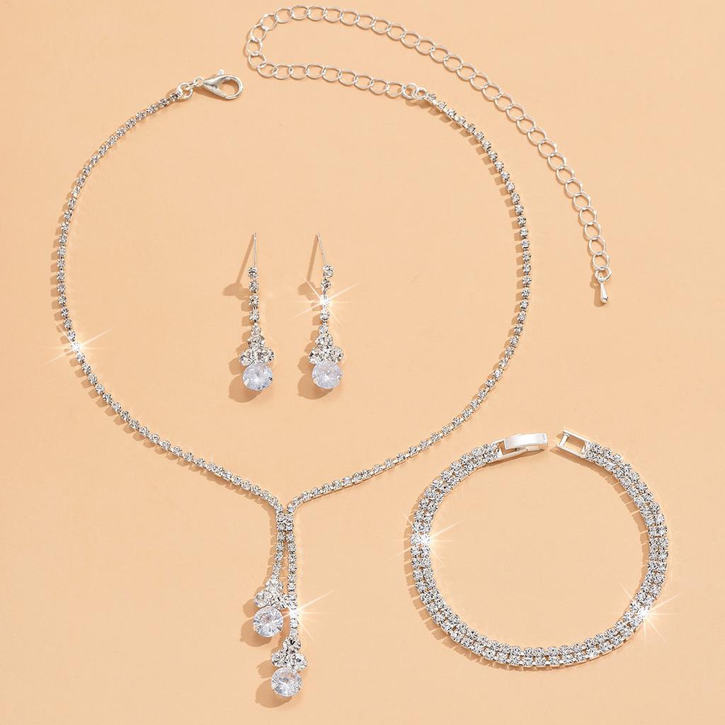 4PC Fashion Simple Copper Inlaid Rhinestone Claw Chain Necklace Earrings Bracelet Zircon Set Women's Wedding Decoration-5273