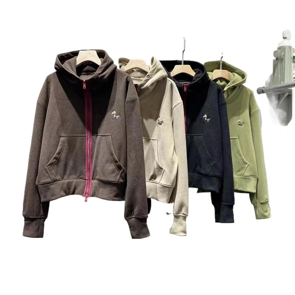 2025 Winter Thermal Cashmere Hooded Cardigan with Color Block and Embroidery Women's Trendy Zipper Jacket