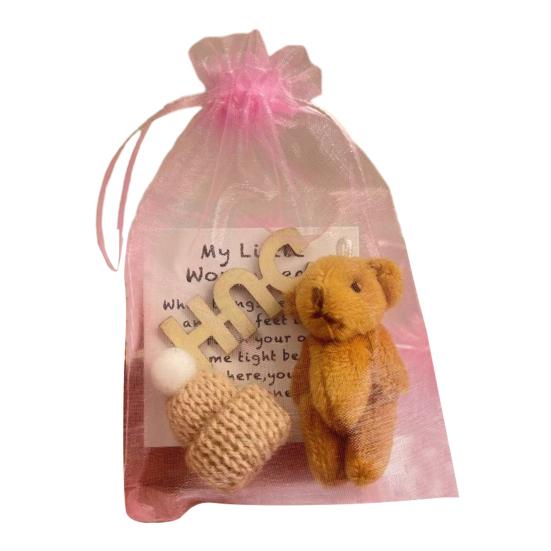 Pocket Hug Plush Bear Toy with Encouragement Card Mesh Bag Mini Positive Stuffed Bear Doll with Knitted Hat Inspirational Gift
