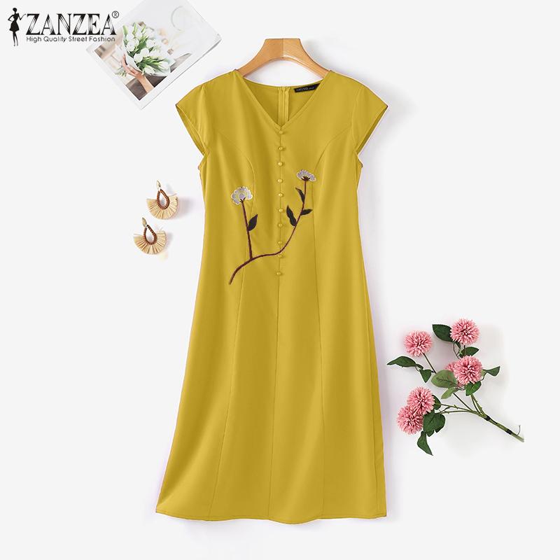 ZANZEA Women V-neck Casual Short Sleeve Floral Embroidery Dress