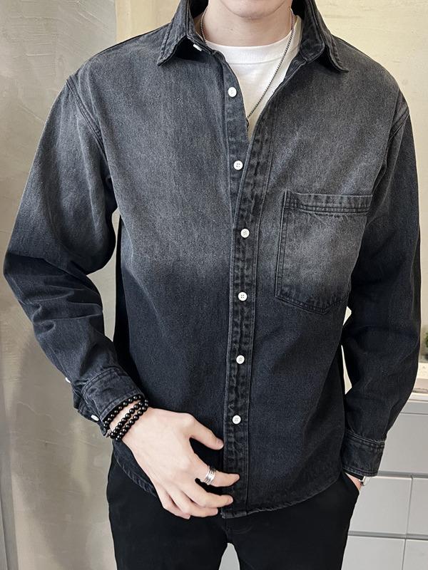 Men's Gradient Denim Shirt: Long Sleeve, Loose-Fit, American Casual Retro Jacket for Spring/Autumn.