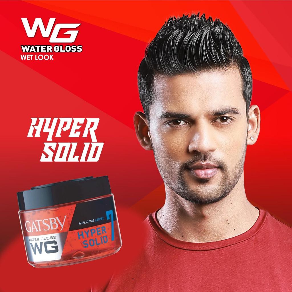 Gatsby Water Gloss Hyper Solid Hair Gel For Men, 300g, Wet Look Styling, Level 7 Strong Hold, Non Sticky, Easy Rinse, Shine Finish
