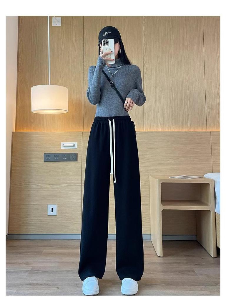 Extra Thick Oatmeal Cashmere Wide Leg Pants for Petite Women - Autumn Winter Style