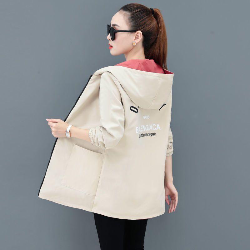 Two-sided Windbreaker Jacket Women's Mid-length Spring and Autumn Loose Large Size Hooded Spring Top Trend