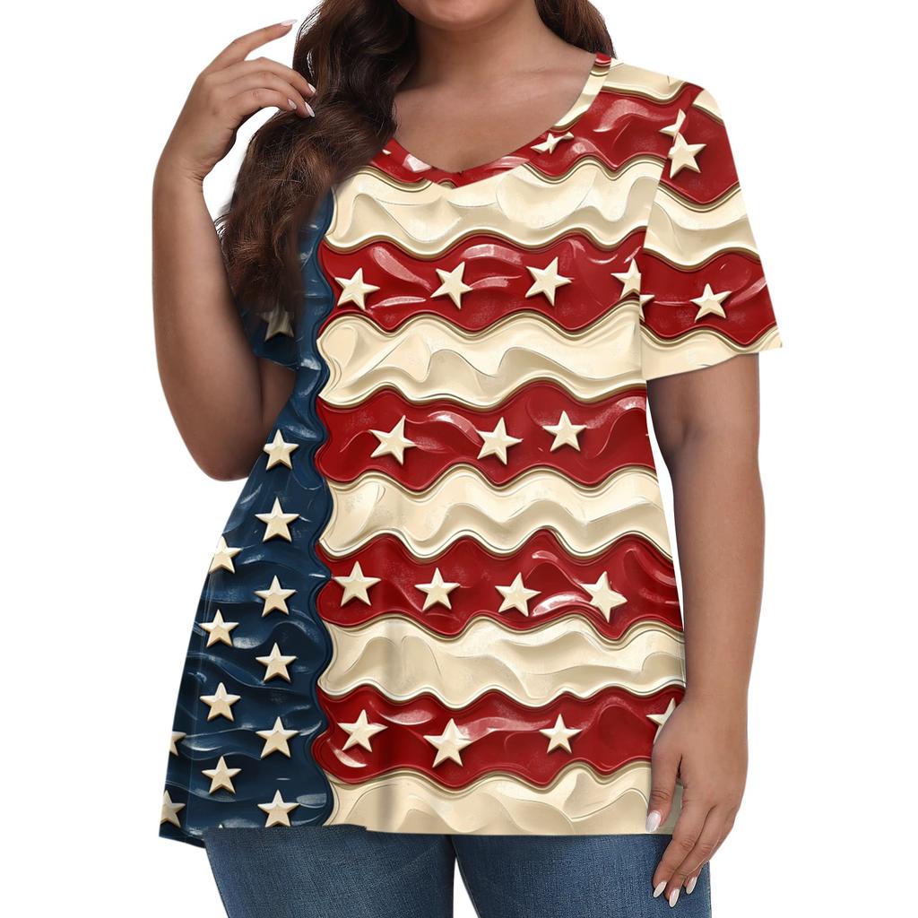 Damenmode Lässig V-Ausschnitt Pullover Kurzarm Übergröße Bedrucktes T-Shirt Top