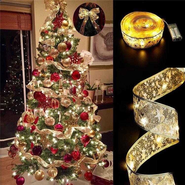 Holiday Ribbon LED String Lights & Tree Ornaments - Set of Christmas Balls and Light Strip 