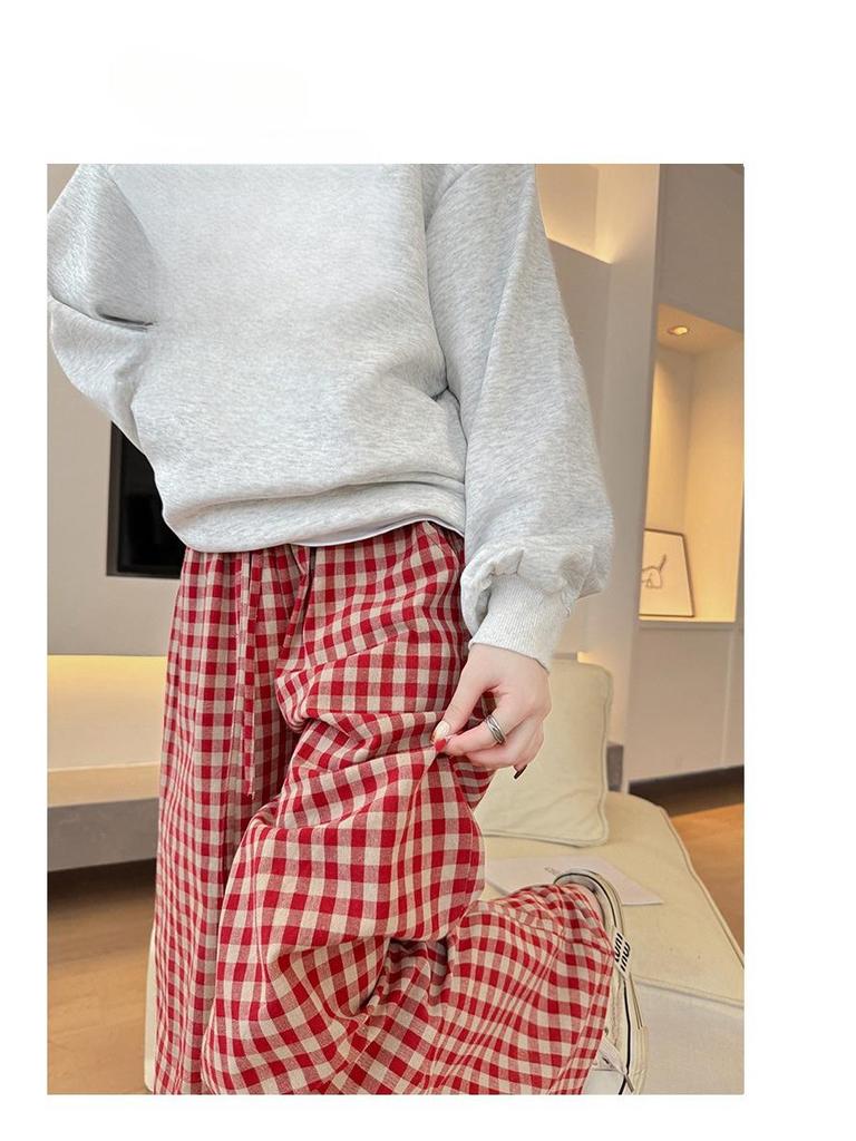 Red Checkered High Waist Wide Leg Pants for Women - Lazy Style, Linen, Perfect for Spring and Autumn