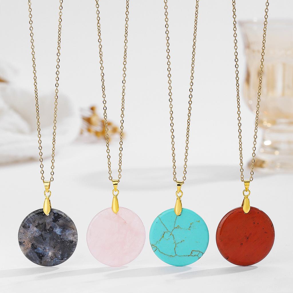 Natural Crystal Pendant, Pink Crystal Round Necklace, Insignia Necklace, Bohemian Jewelry