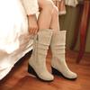 22Elegant Women's Boots Mid Calf Street Style Fashion Modern Boots 6CM Wedges Heel Metal Zipper Decoration Princess Women Shoes