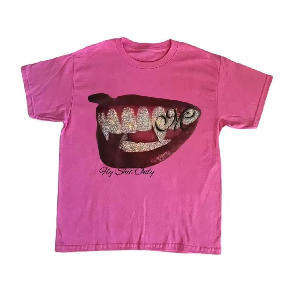 

Streetwear Punk Oversized Casual teeth pattern men women Goth T-shirt Y2K Harajuku hip-hop cotton short sleeved top tees Unisex XXXXXL розовый