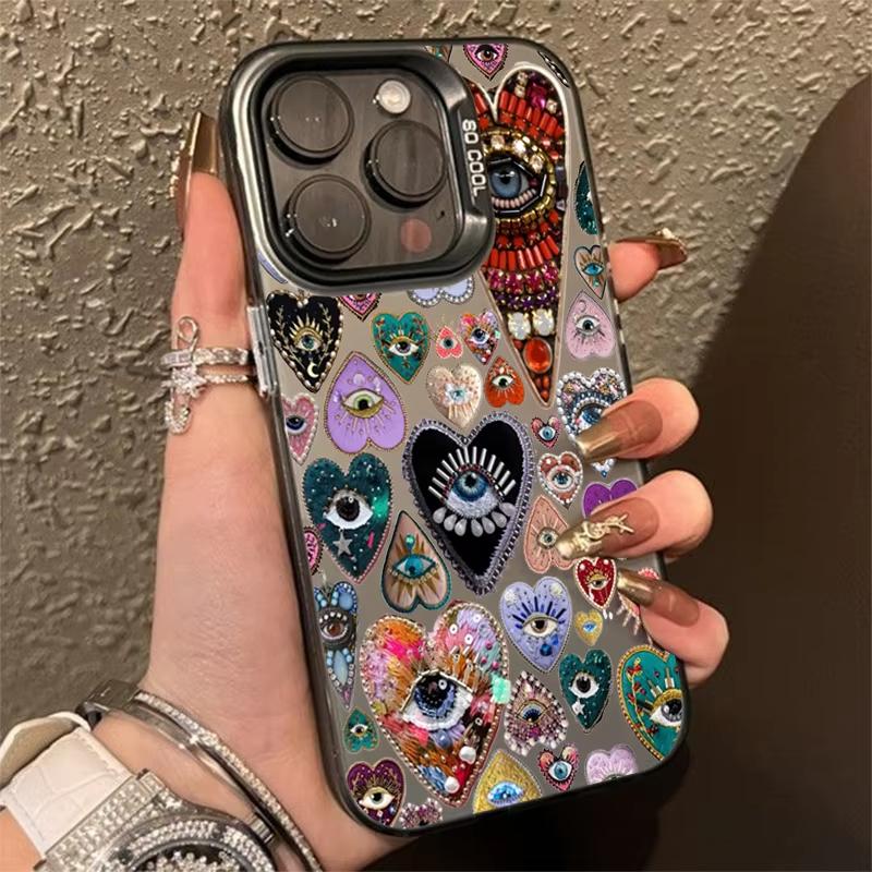 Evil Eye Glossy Heart Pattern Electroplate Silver IMD Phone Case For iPhone 16 Pro Max 15 14 13 12 11 7 8 16 Plus X XS XR Cover