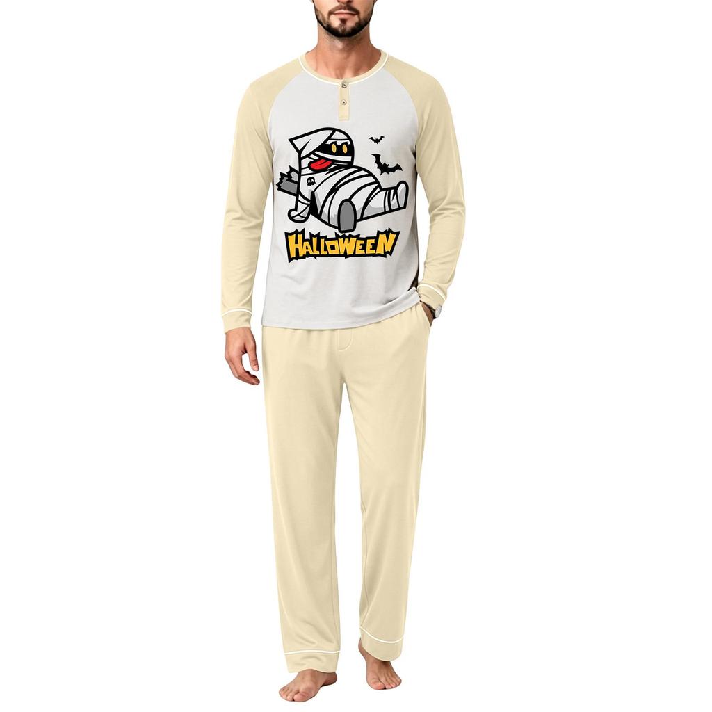 Men's Casual Loose Fit Raglan Sleeve Pajama Set with Halloween Letter Print