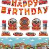 Fire Truck Party Set: Plates, Cups, Cutlery, Flags, Tablecloth & Balloons for Boys' Birthday.