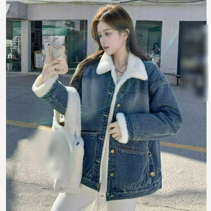 Denim Jacket Women's Plus Velvet Thick Warm Jacket Washed Denim Casual Large Loose Jacket