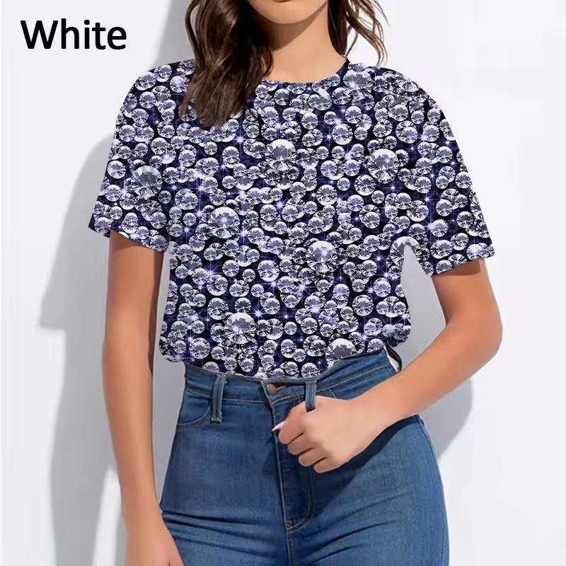 Color Glitter Pattern 3D Printing Women Diamond Fashion Summer Casual T-shirt Short Sleeves Pullover Oversized Y2K Streetwear