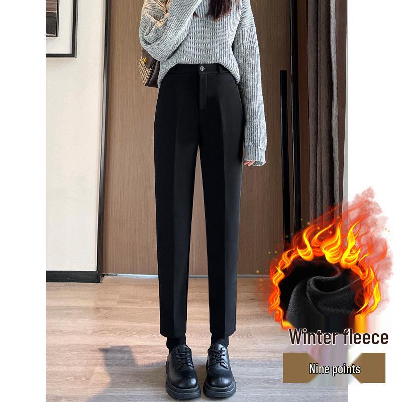 Women's Black High-Waisted Fleece-Lined Slim-Fit Suit Pants for Autumn/Winter - Casual Straight-Leg Formal Wear