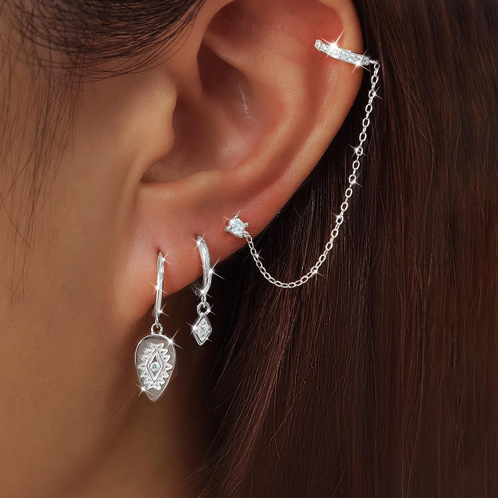 Fashion Zircon Eye Leaf Shaped Dangle Earrings Set for Women Stainless Steel Chain Ear Stud Ear Clip Trend Birthday Jewelry Gift