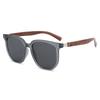 Unisex Sunglasses with High-End Vibe: Wood Grain Legs, Metal Studs, Square Frame—Stylish Sun Protection for Round Faces.