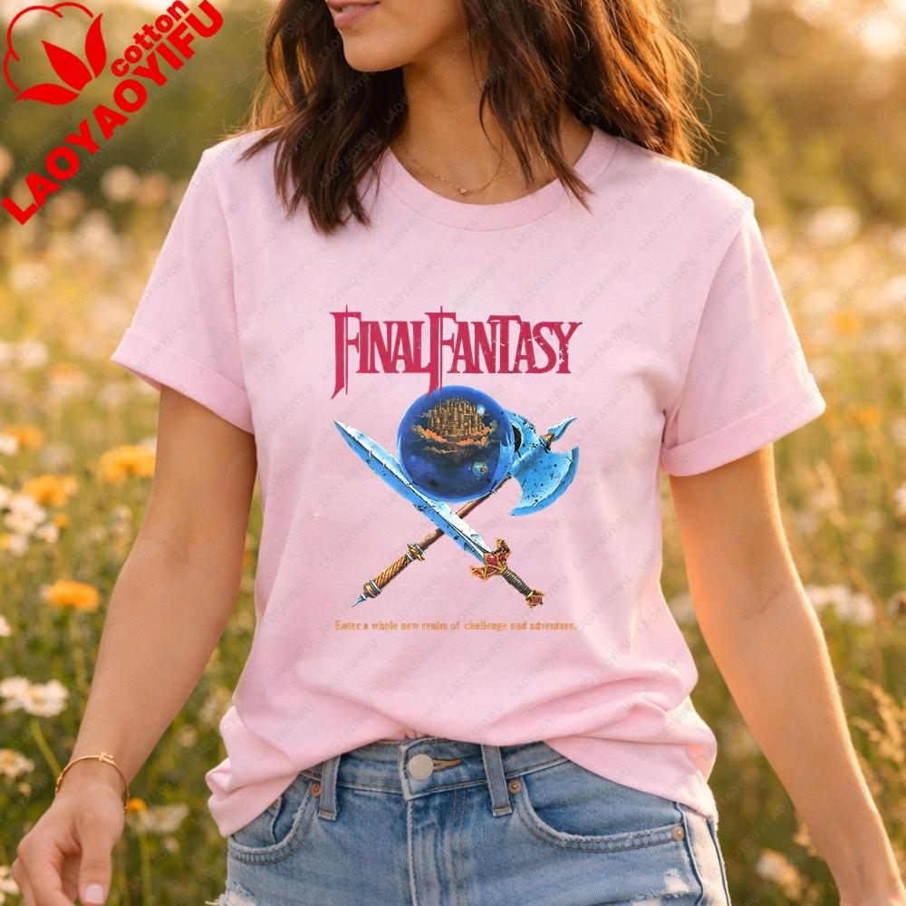 Retro Final Fantasy VII Print Neutral Trend Shortsleeved Unisexs and WoUnisexs Universal Pattern Largesized Cotton Tshirt Top