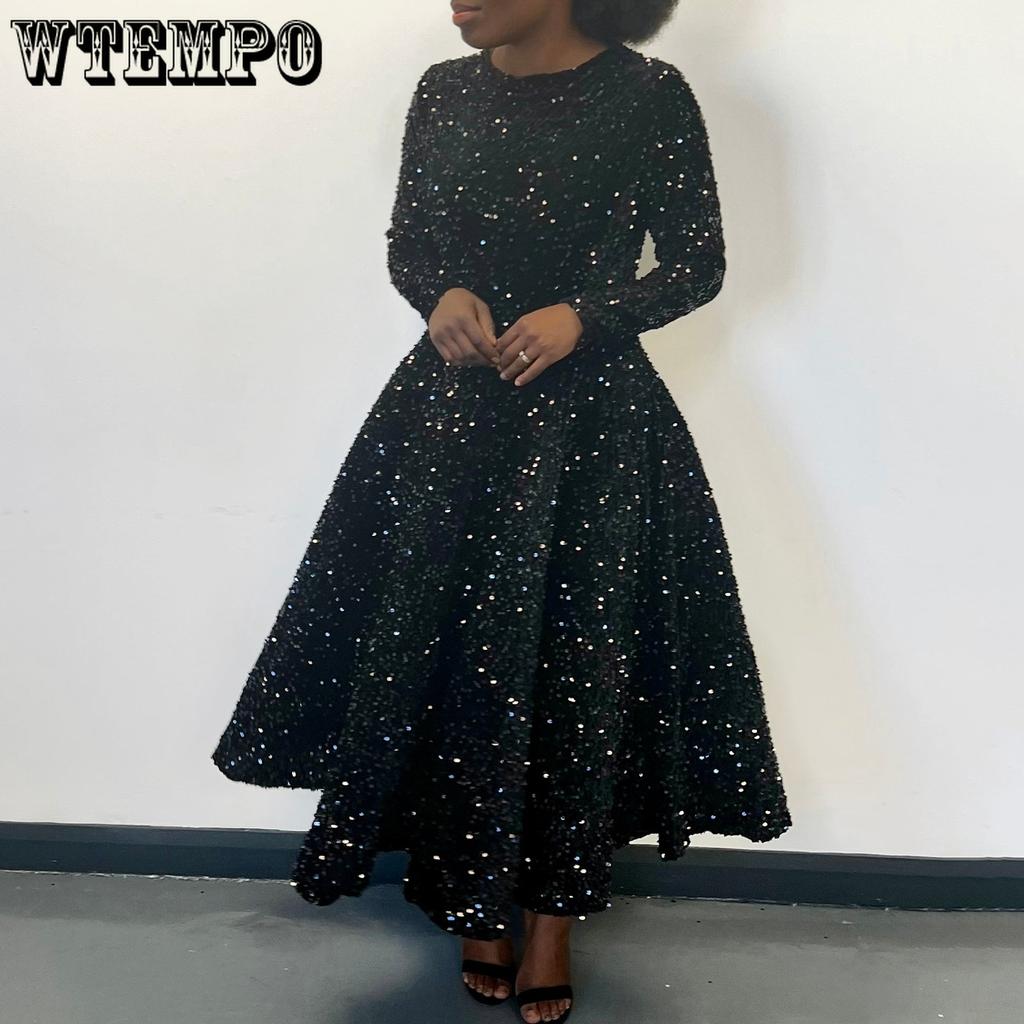 Sukienki damskie z okrągłym dekoltem, długim rękawem, jednolitym kolorem, cekinami, wysokim stanem, o średniej długości