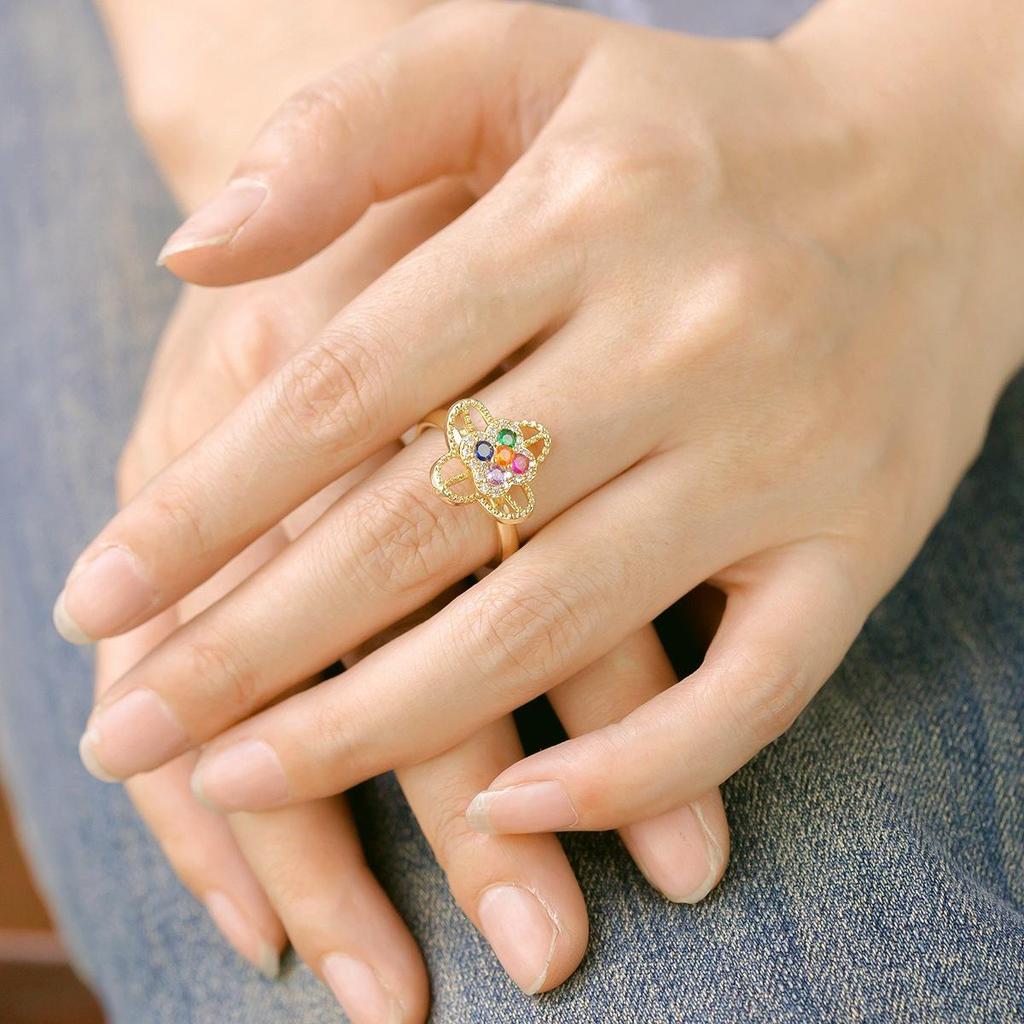 Copper Micro-Inlaid Zircon Four-Leaf Clover Adjustable Ring