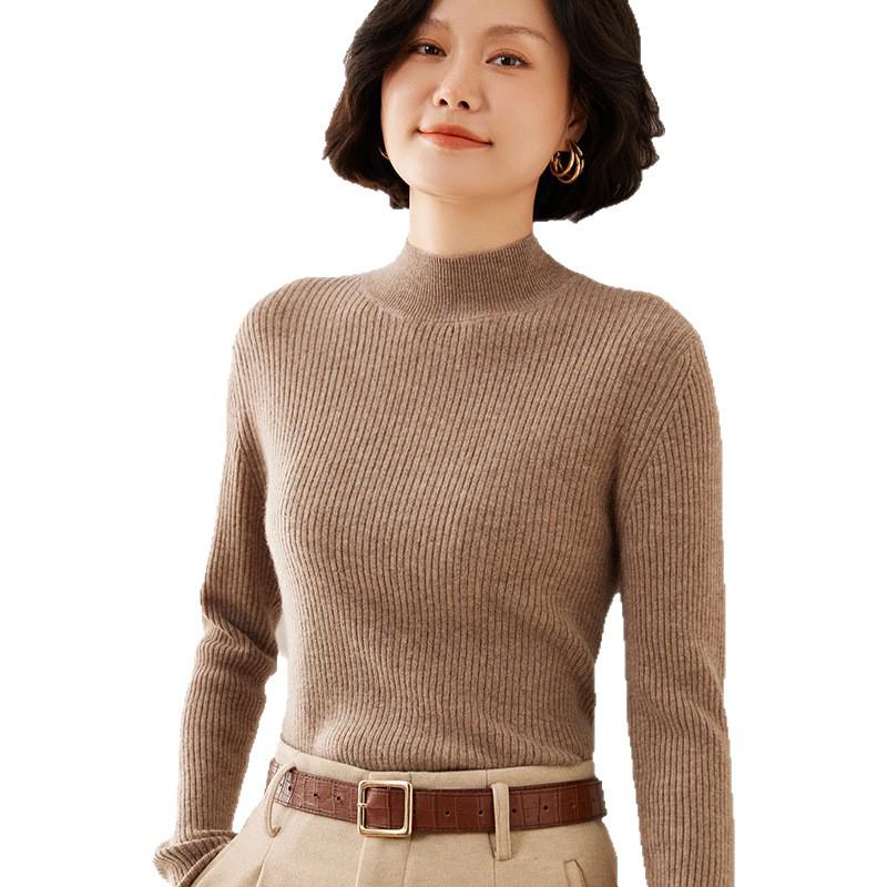 European Style Women's Slim-Fit 35% Cashmere Sweater - High-Neck Knit Base Layer for Autumn and Winter