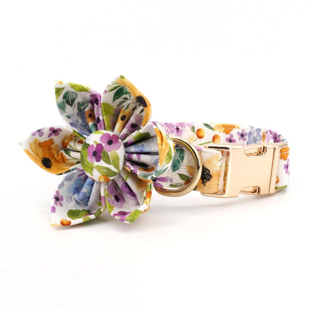Summer Garden Floral Dog Collar ,Flower Collar with Matching Leash Engraved ID Collar