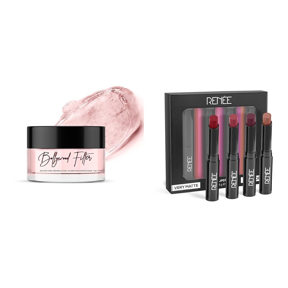 

RENEE Bollywood Filter Face Primer 15gm і RENNE Very Matte - упаковка з 4 матових губних помад | Інтенсивний колір окупається