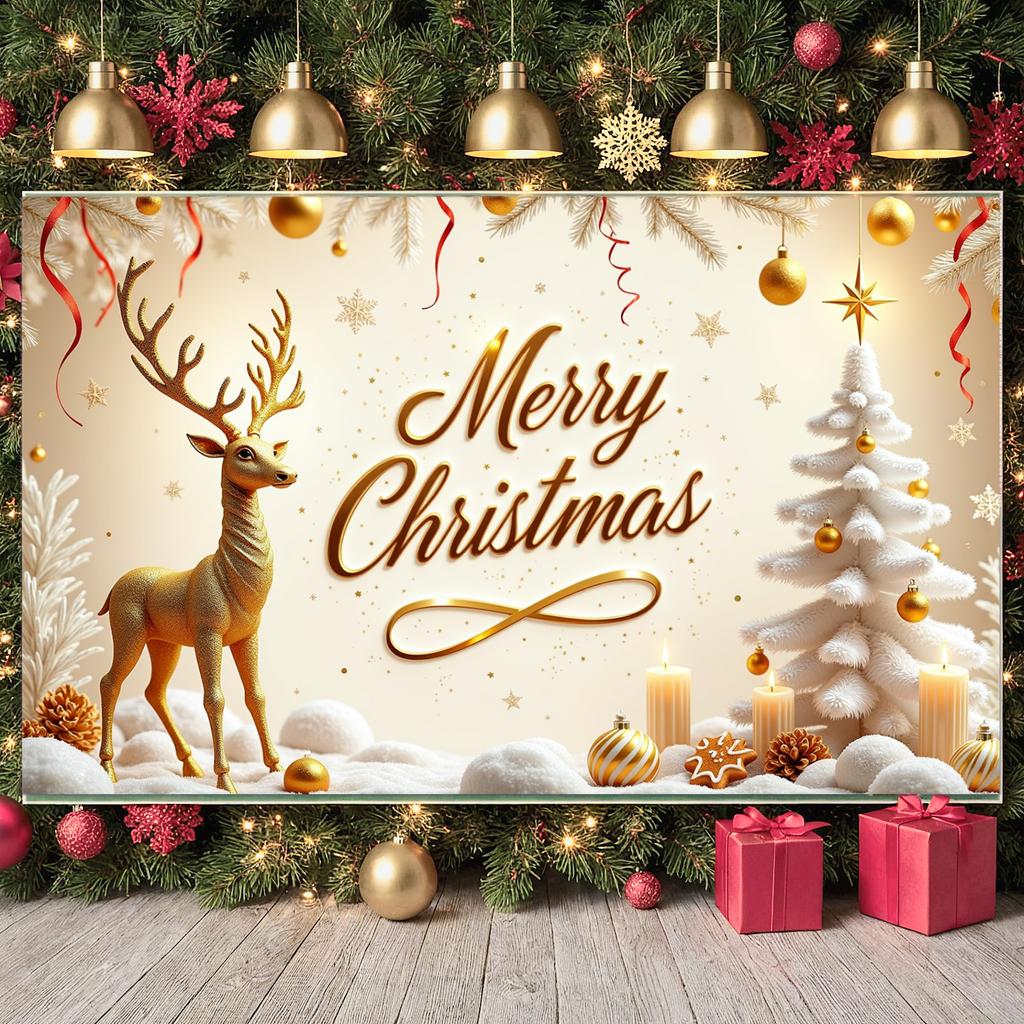 Seasonal Banner Candles Display Festive Decoration Holiday Banner Snow Effect Reindeer Decoration For Holiday Event Seasonal