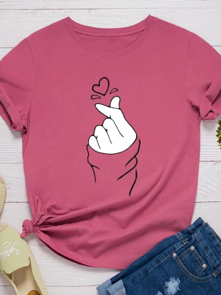 Finger Heart Print Women T Shirt Short Sleeve O Neck Loose Women Tshirt Ladies Fashion Tee Shirt Tops Clothes Camisetas Mujer